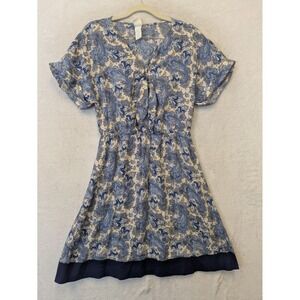 H&M Blue Paisley V-Neck Short Sleeve Elastic Waist Dress Size 4 Boho Casual